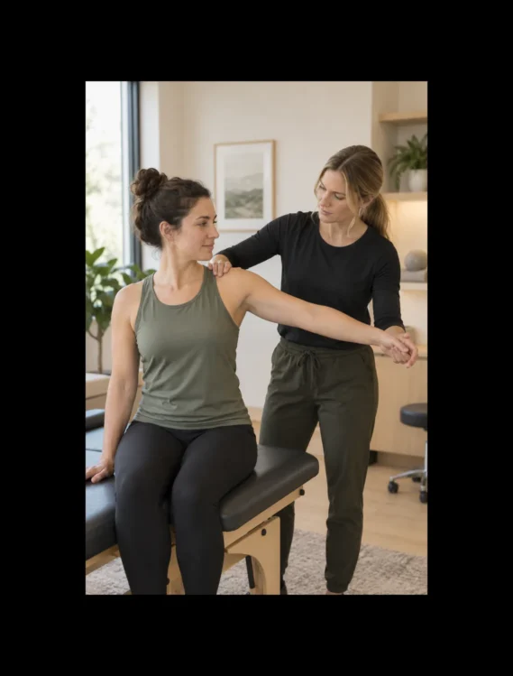 Physiotherapist guiding a patient through a shoulder movement assessment