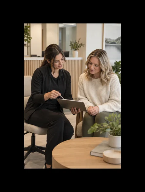 Clinic team member helping a patient review coverage information
