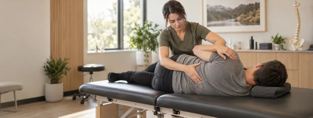 Chiropractor performing a gentle spinal mobility assessment