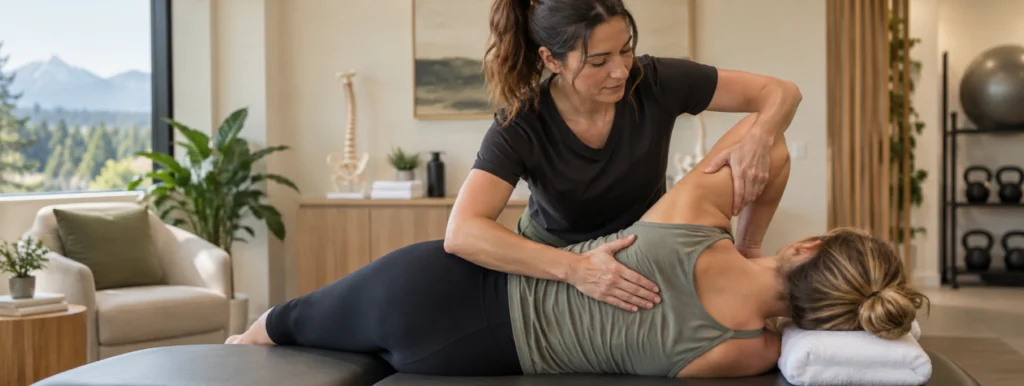Physiotherapist performing hands-on manual therapy for shoulder and upper-back mobility