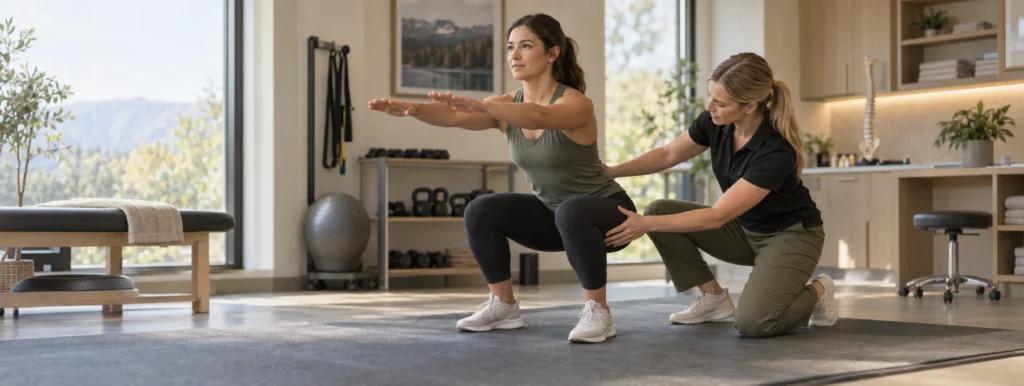 Physiotherapist guiding a patient through a functional movement assessment