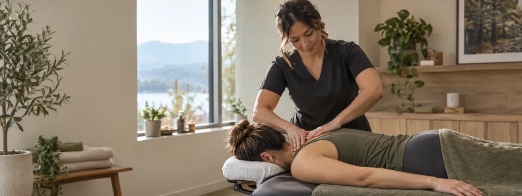 Registered massage therapist providing professional upper-back treatment to a patient wearing a fitted tank top