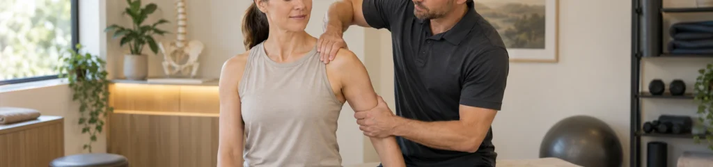 Seated shoulder and scapular joint mobilization with precise clinician hand placement