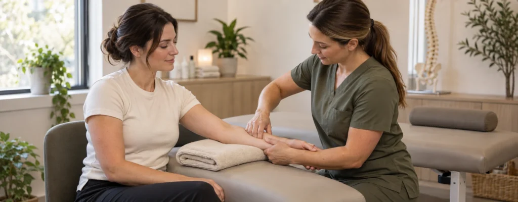 Therapeutic forearm and wrist massage for repetitive strain from a different seated composition