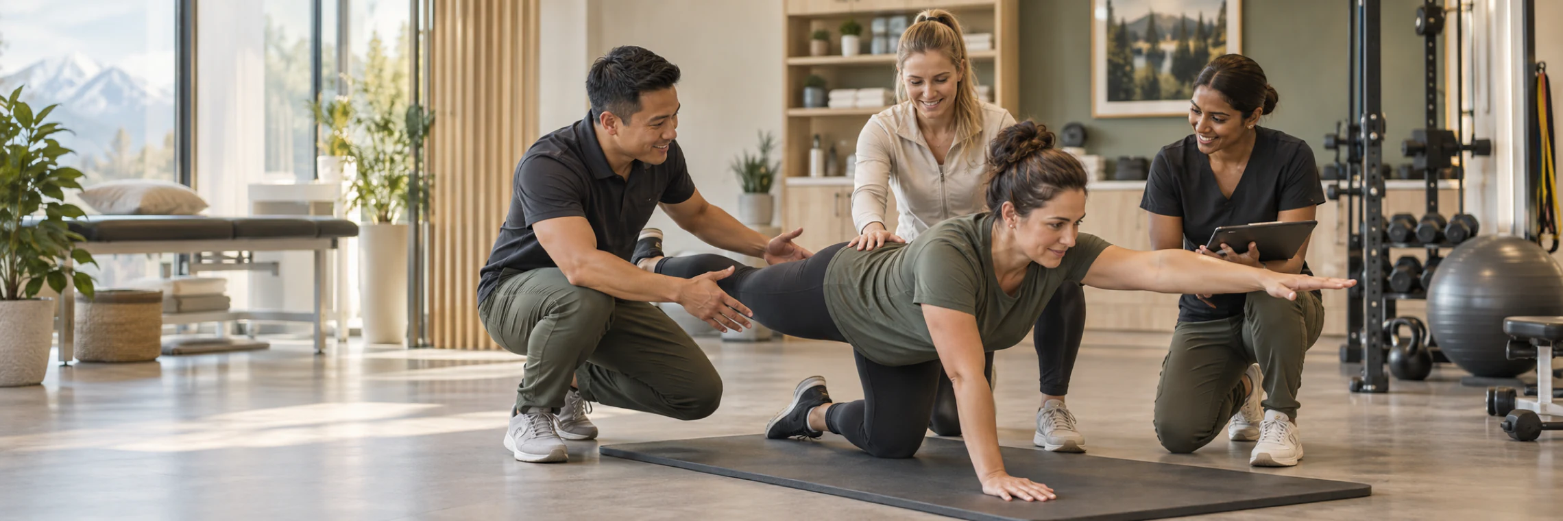 A collaborative physiotherapy team guiding a patient through active rehabilitation