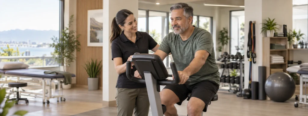 Physiotherapist supervising a patient during cardiovascular rehabilitation exercise