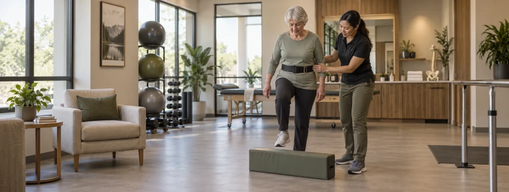 Physiotherapist guiding an older adult through a fall-prevention stepping exercise