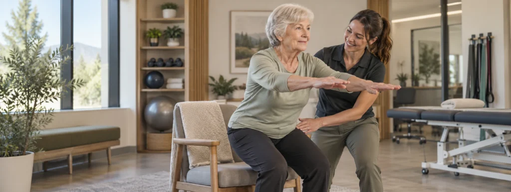 Physiotherapist guiding an older adult through a strengthening exercise