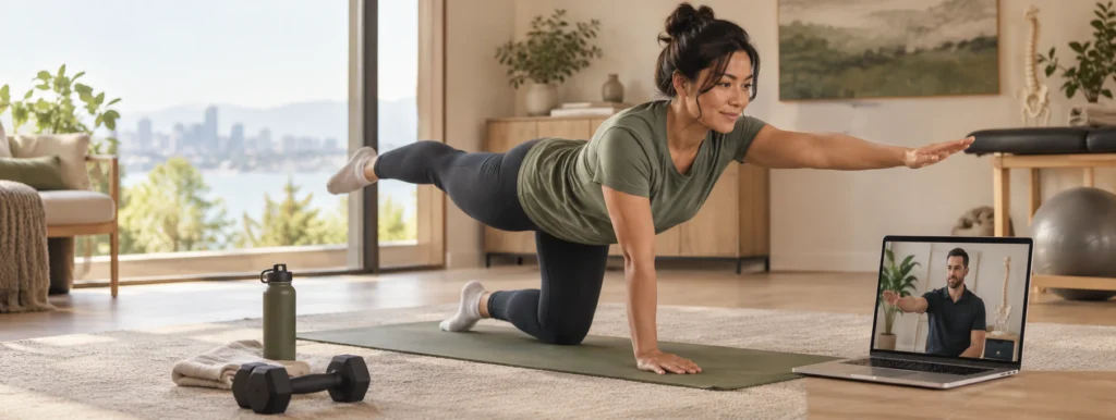 Patient following a physiotherapist’s exercise guidance during a telehealth appointment