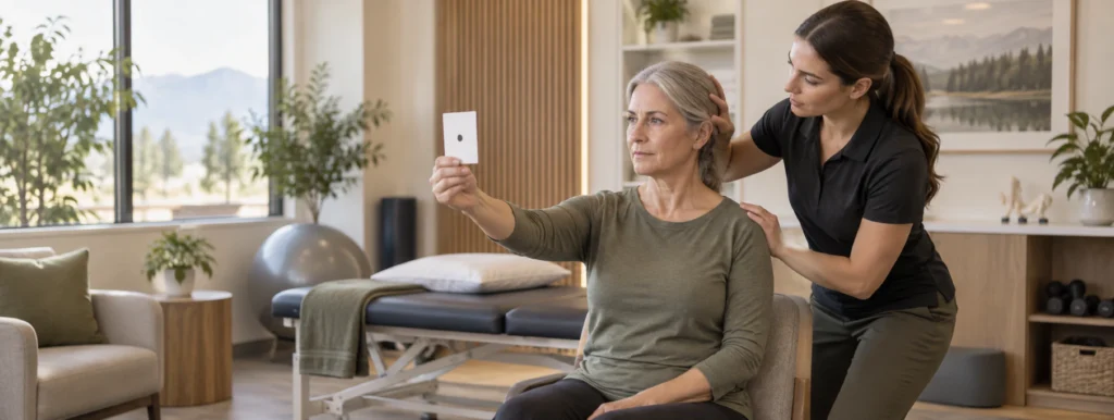 Patient performing a therapist-guided gaze stabilization exercise