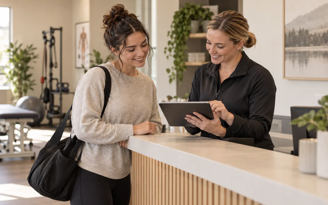 Clinic team member helping a patient review insurance information on a tablet