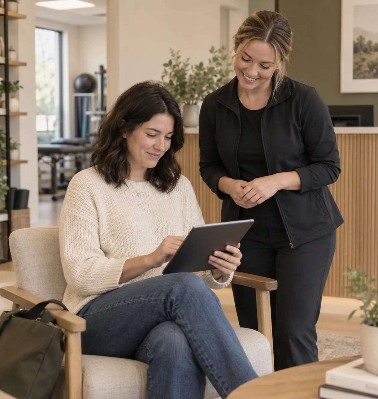 A patient completing intake information on a tablet with help from an Evolution Physiotherapy team member