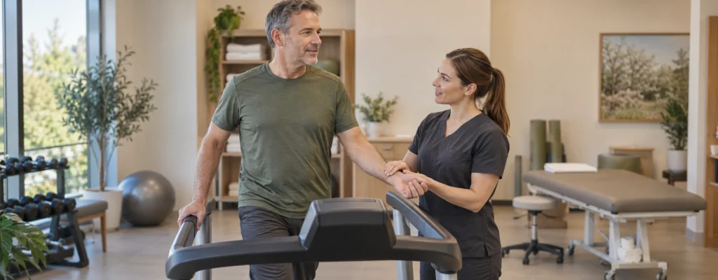 Supervised treadmill conditioning with clinical pacing and tolerance monitoring