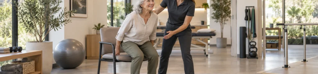 Functional sit-to-stand strength practice with close therapist supervision
