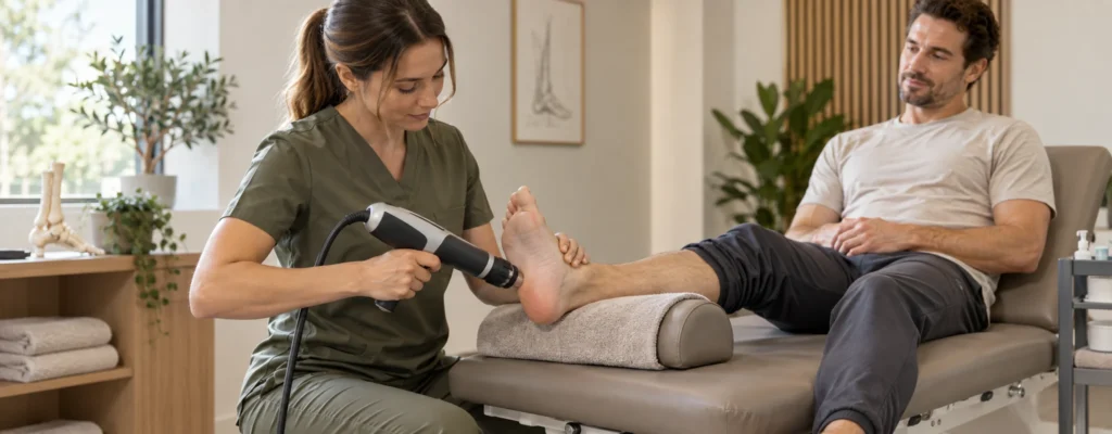 Focused shockwave application to the plantar heel with the foot clinically supported