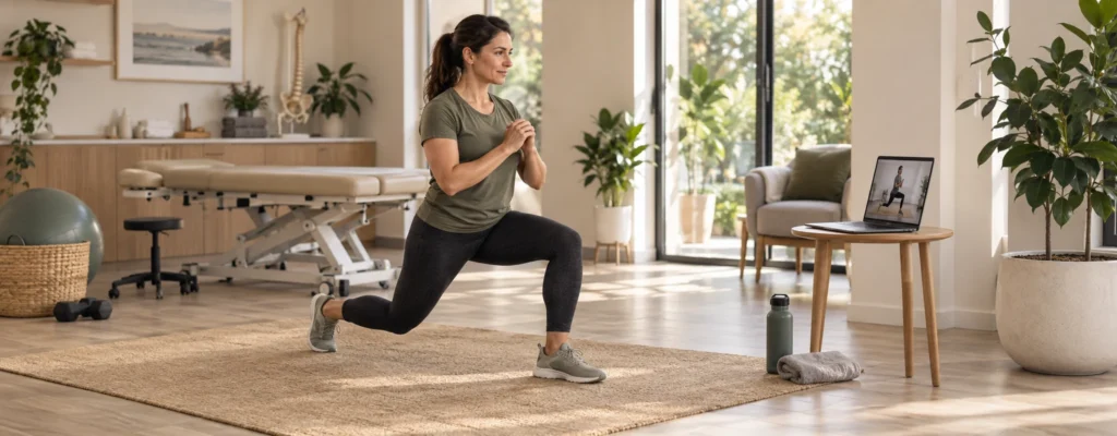 Remote therapist-guided standing lunge and lower-body movement check at home