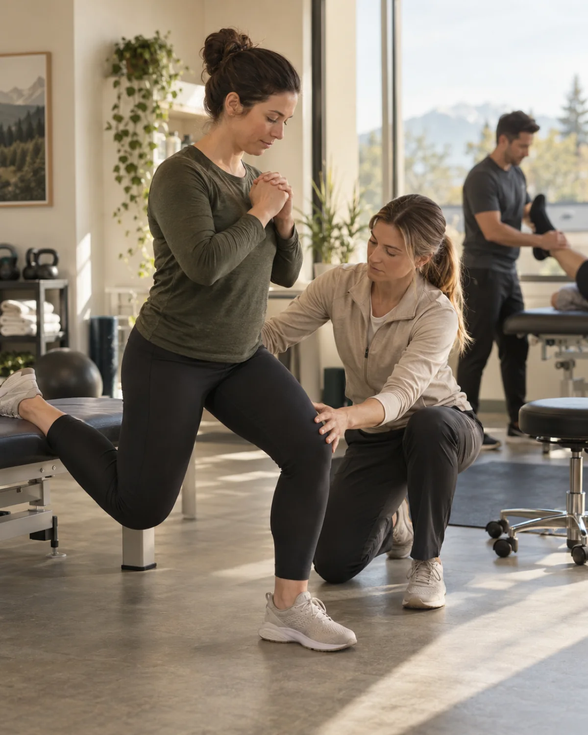 Physiotherapist guiding a patient through active rehabilitation in a modern clinic