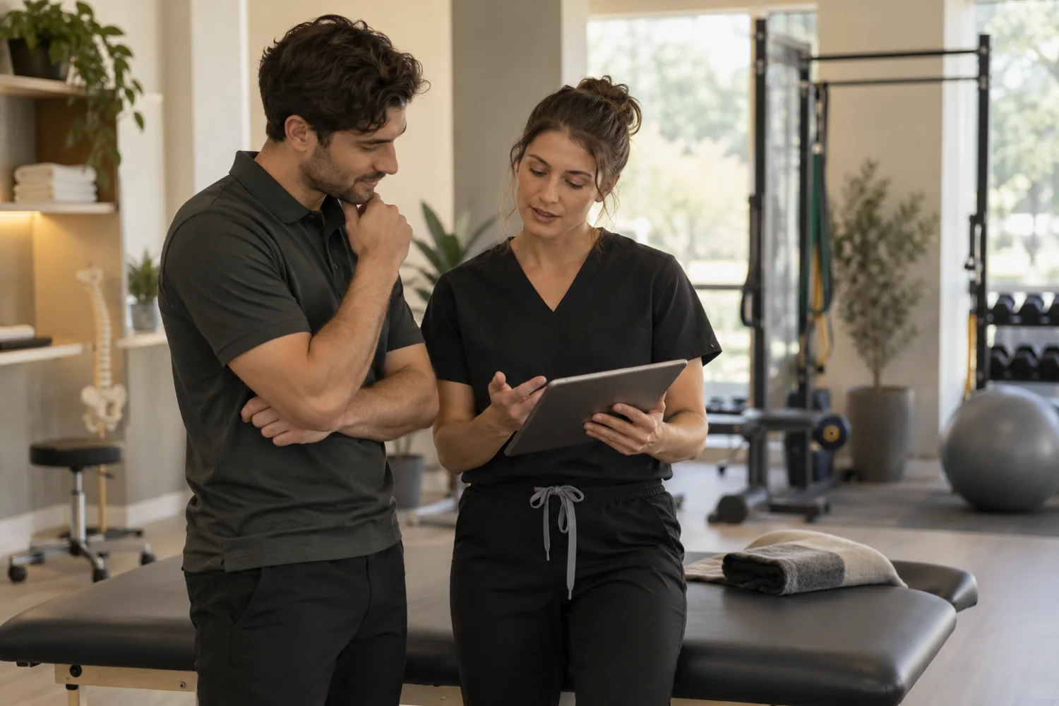 Physiotherapy clinicians discussing a rehabilitation plan in a contemporary clinic
