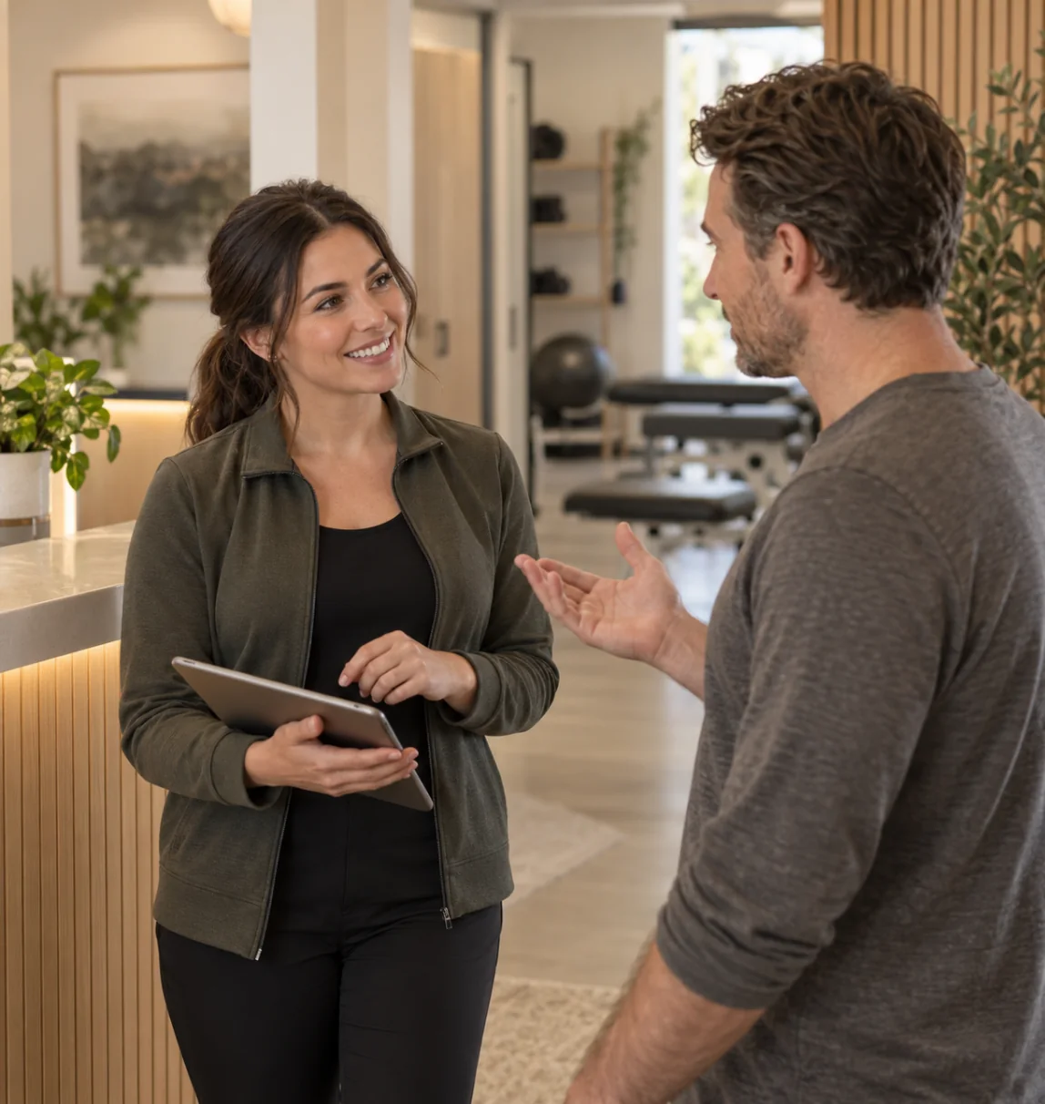 Evolution Physiotherapy team member speaking with a patient