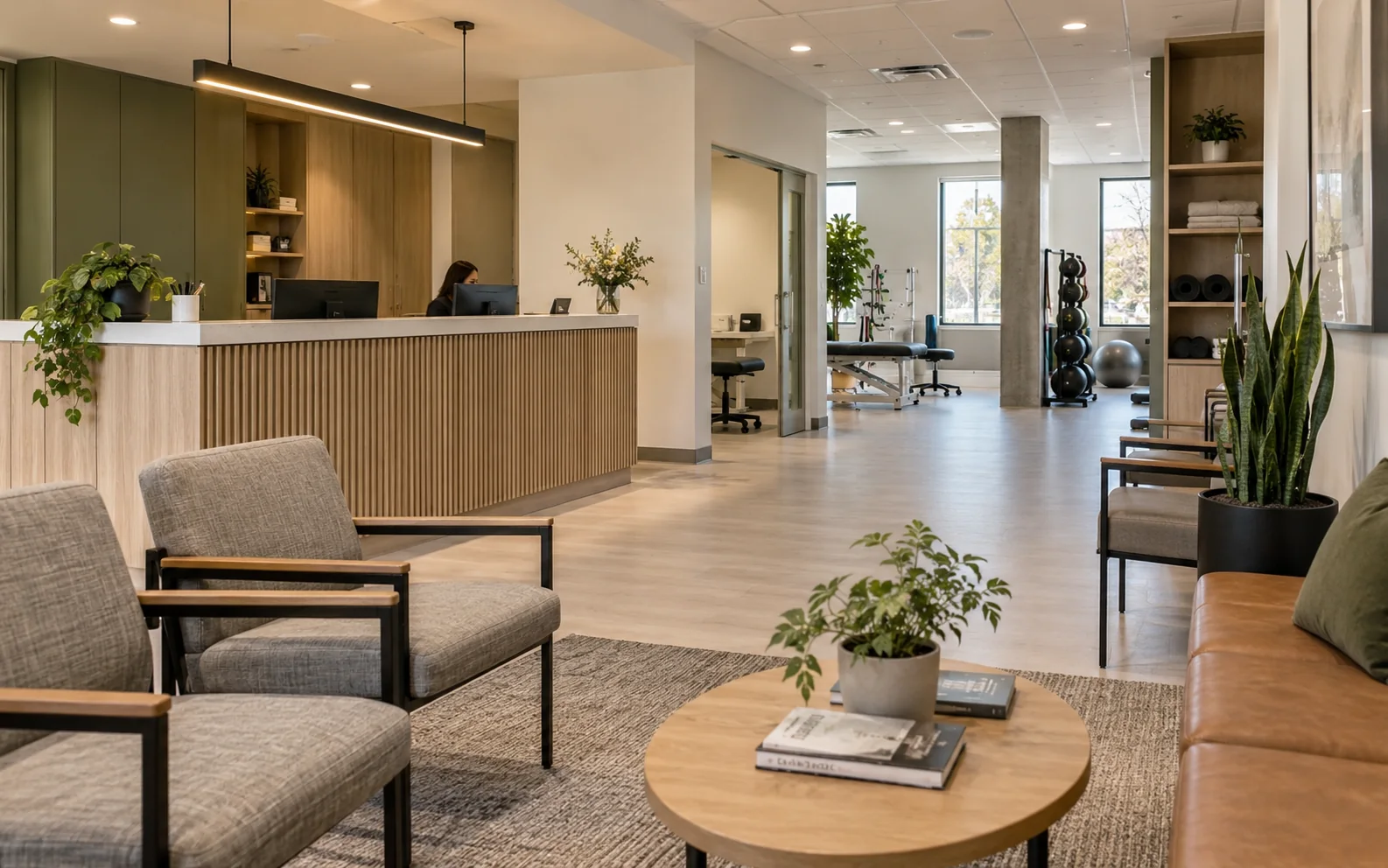 Reception and waiting area at Evolution Physiotherapy Edmonton