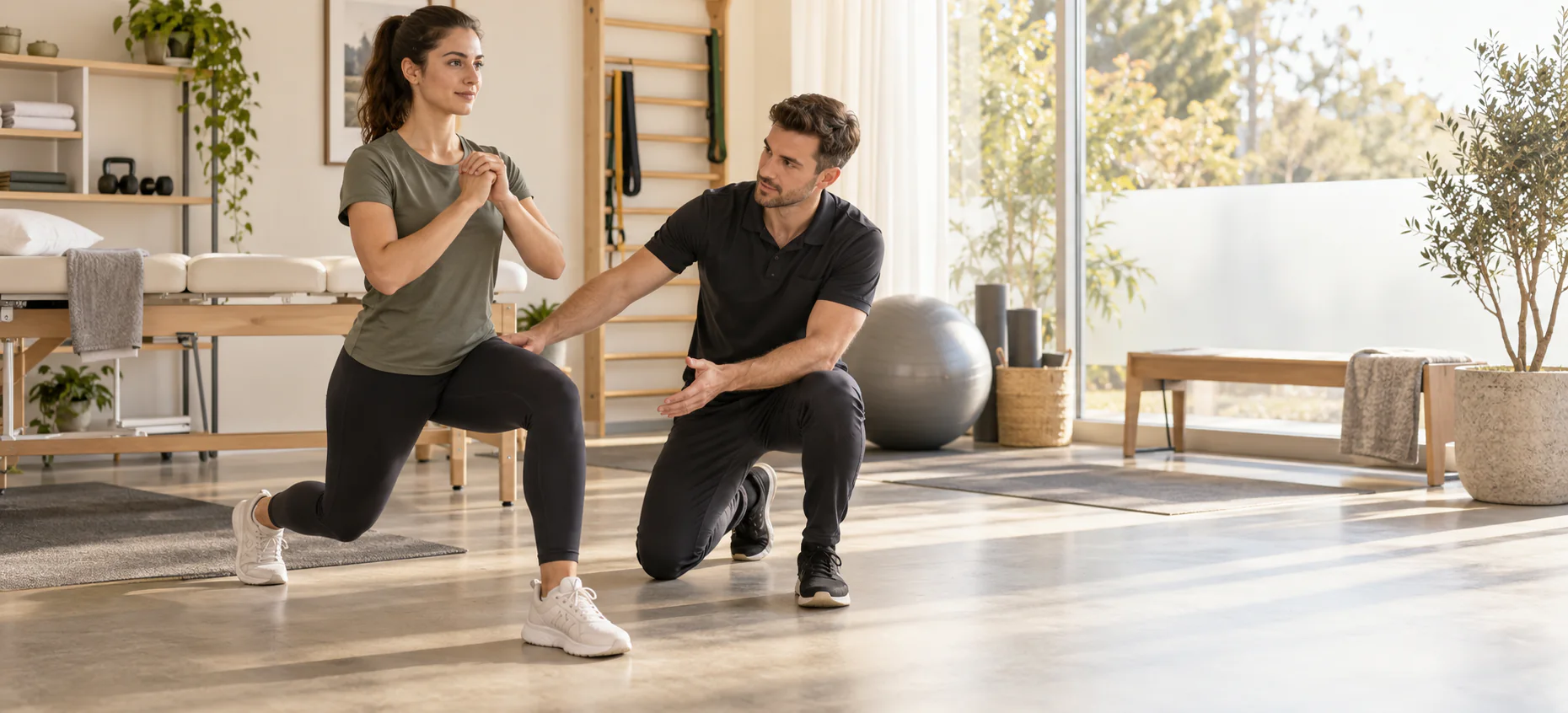 A physiotherapist guiding a patient through an initial movement assessment