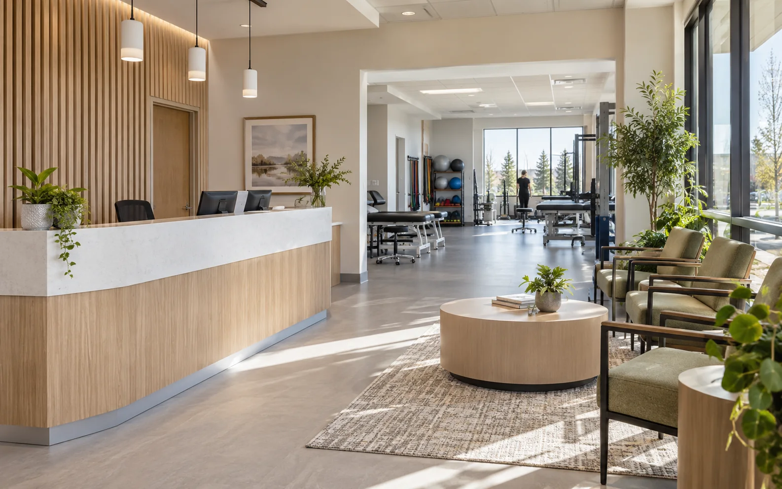 Reception and waiting area at Evolution Physiotherapy Spruce Grove