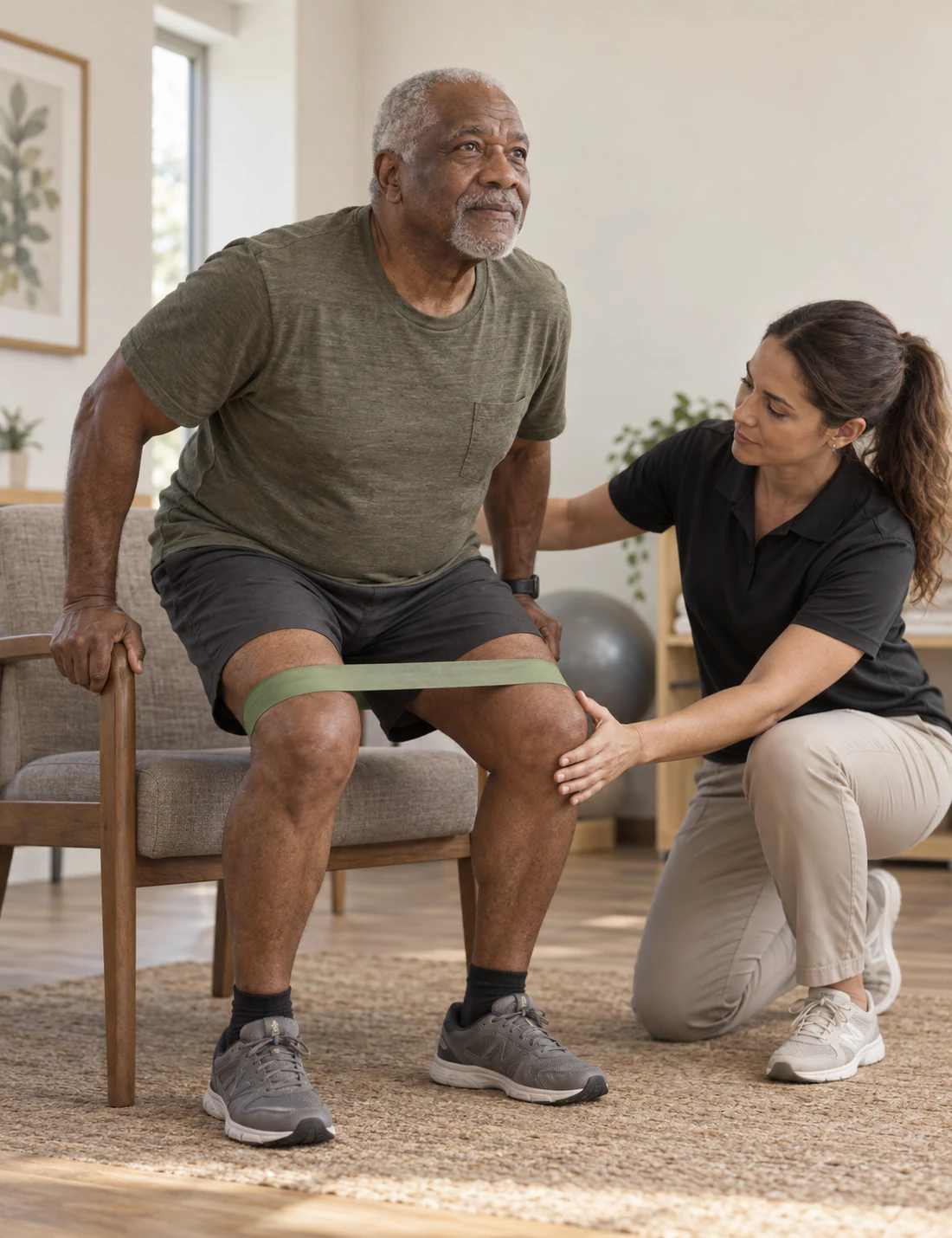 Physiotherapist guiding an older patient through a joint-strengthening sit-to-stand exercise