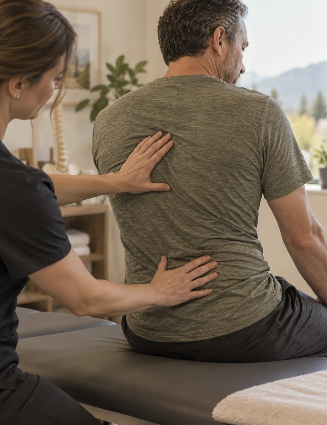 Physiotherapist assessing a patient’s back and spinal movement in a warm clinic setting