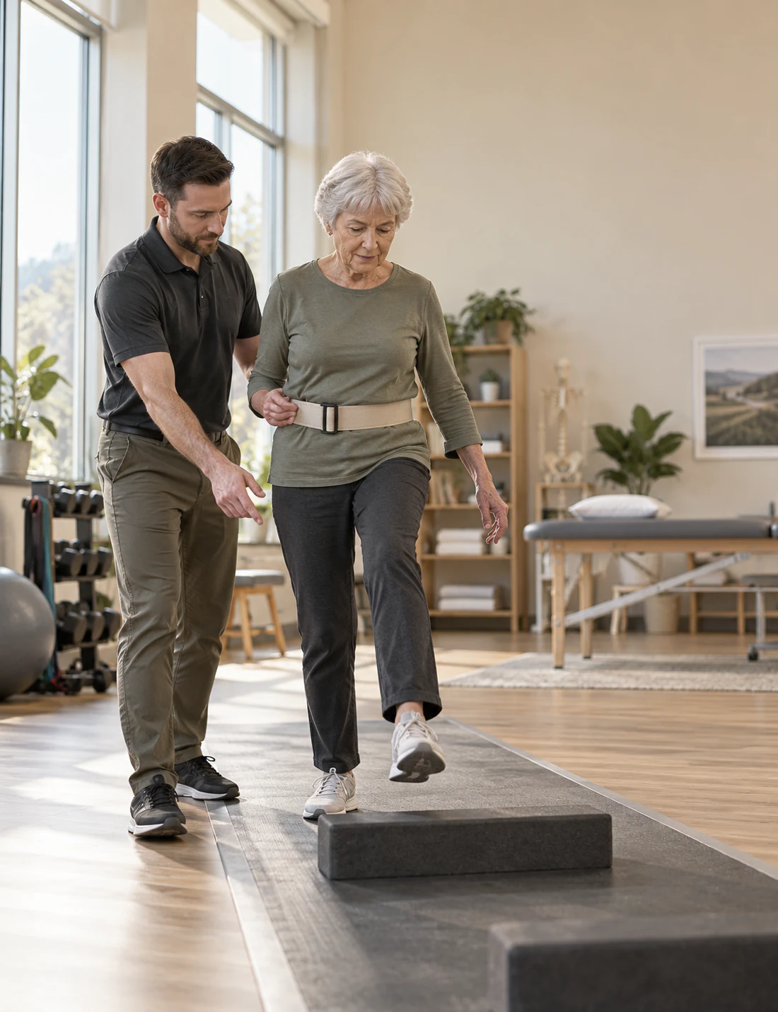 Physiotherapist safely guiding an older patient through a gait and balance exercise