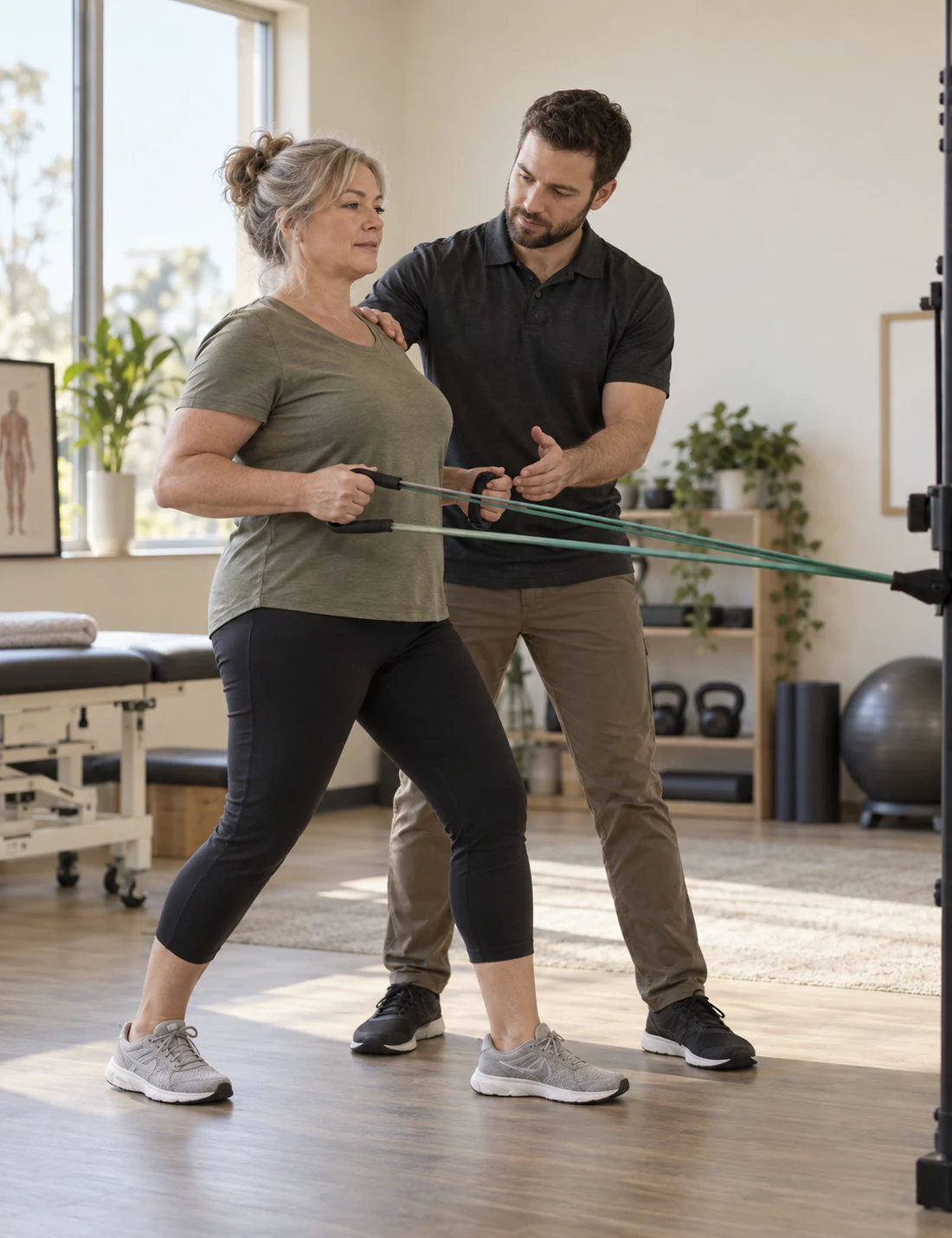 Physiotherapist coaching a patient through gentle graded movement for persistent pain