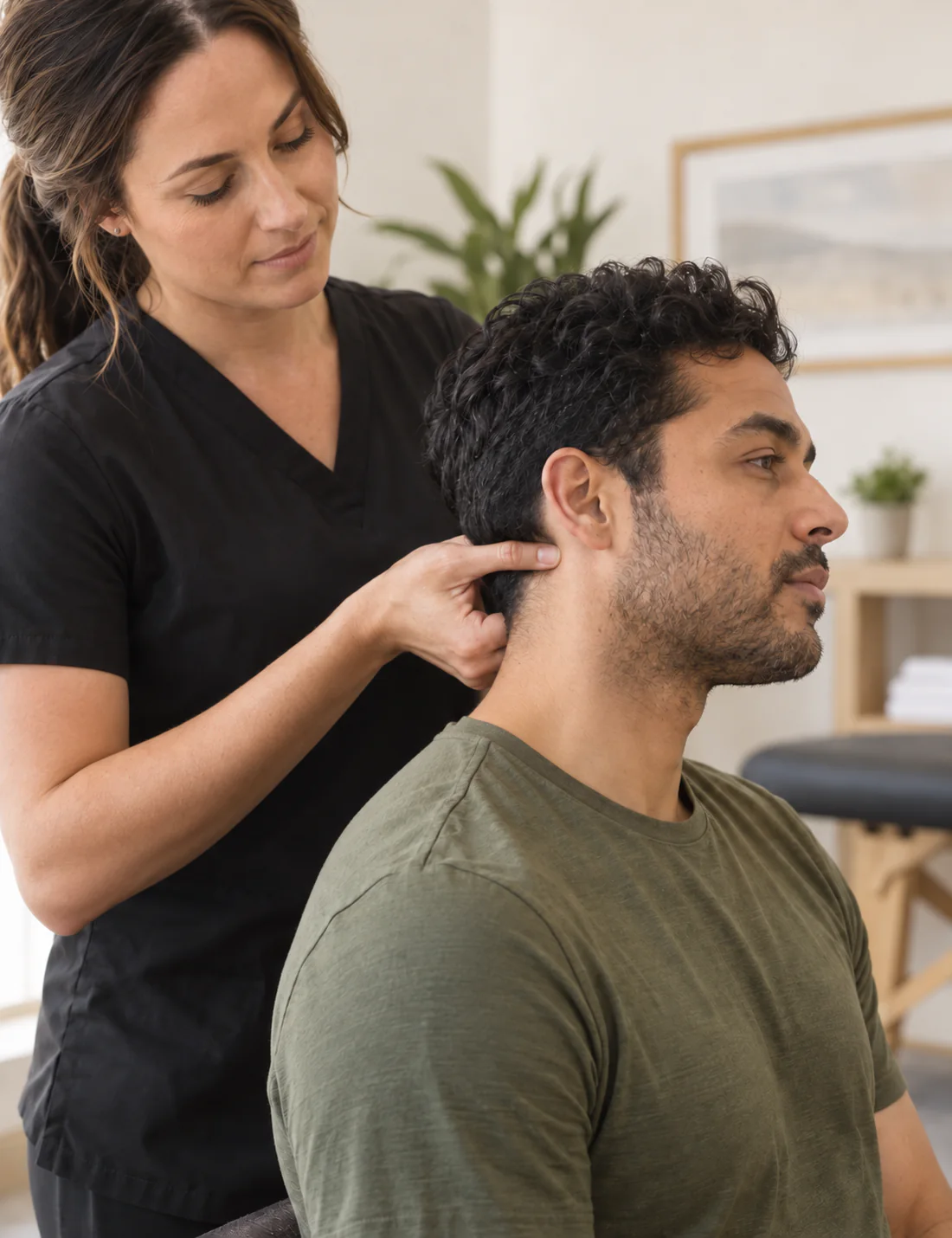 Physiotherapist assessing neck posture and upper-cervical tension related to headaches