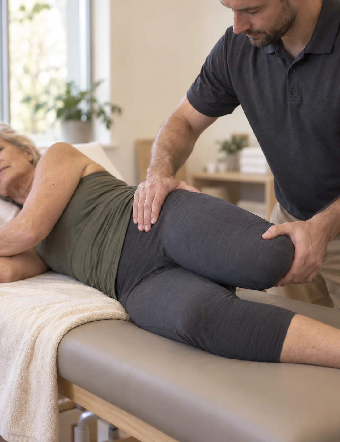 Physiotherapist supporting an older patient during a hip-strengthening step exercise