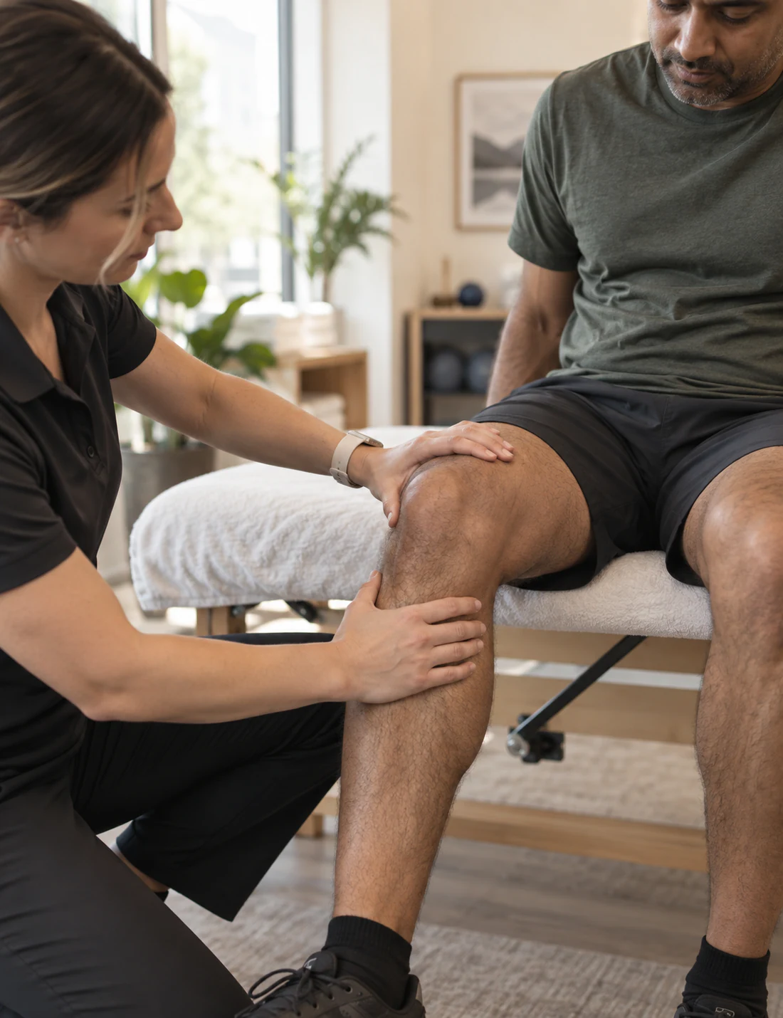 Physiotherapist checking knee alignment during a controlled strengthening exercise