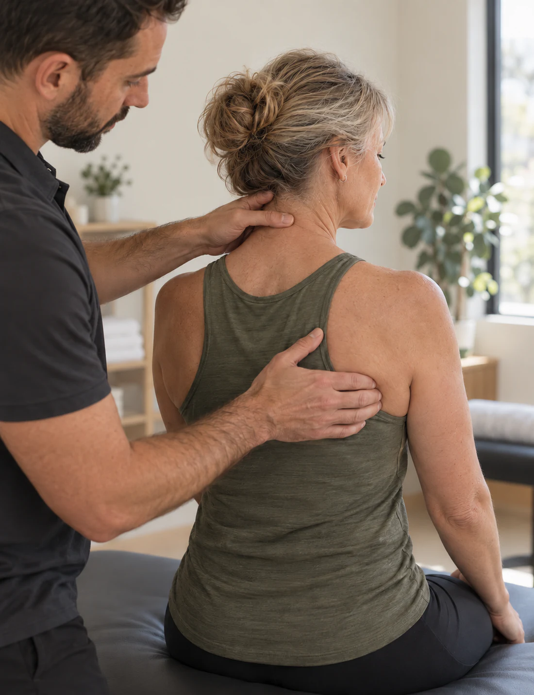 Physiotherapist assessing neck and upper-back movement after a motor vehicle injury