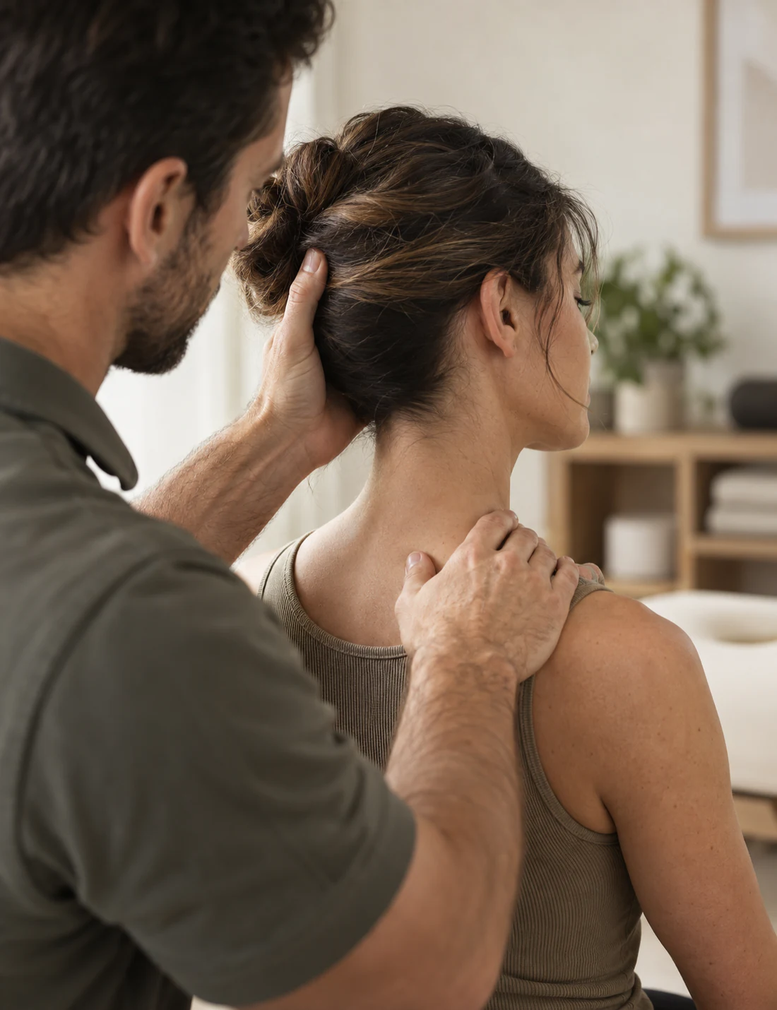 Physiotherapist guiding a seated patient through a gentle neck mobility assessment