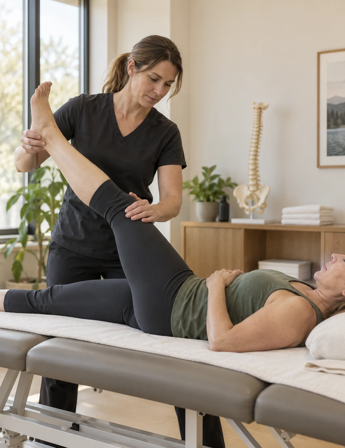 Physiotherapist performing a gentle leg mobility assessment for sciatica-related symptoms