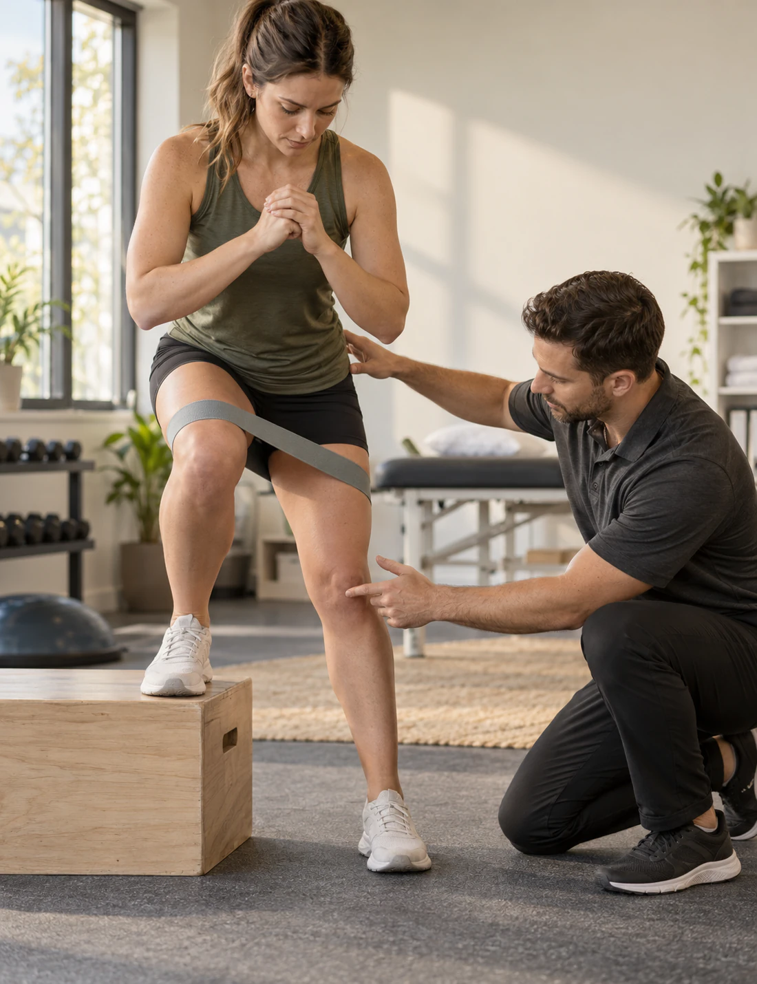 Physiotherapist assessing an athlete’s alignment during a return-to-sport exercise