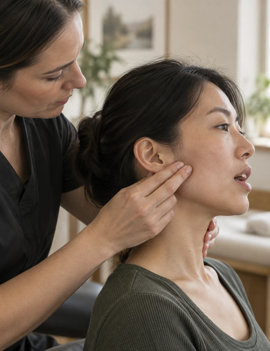 Physiotherapist performing a gentle external jaw and neck assessment for TMJ discomfort