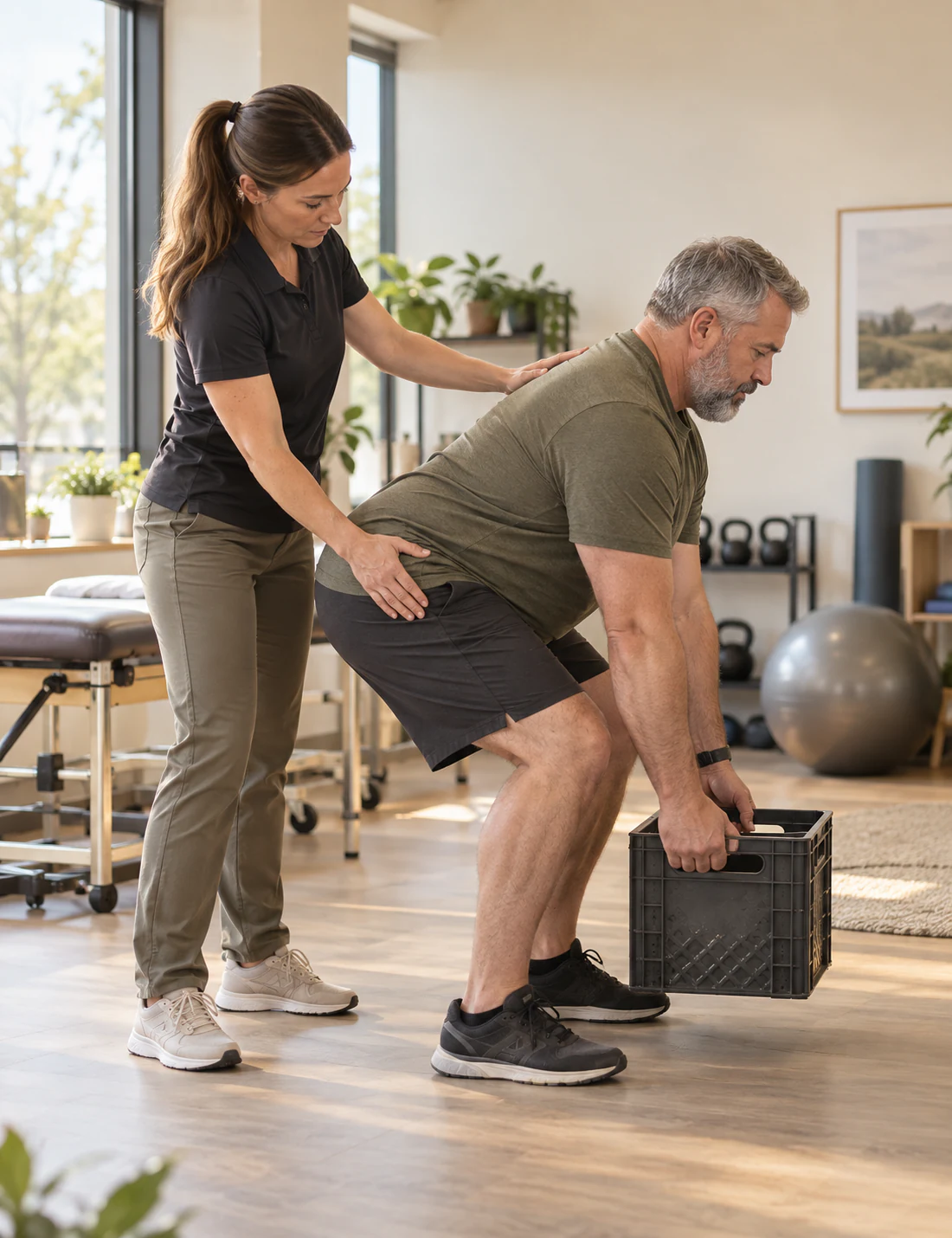 Physiotherapist coaching safe lifting mechanics during work-injury rehabilitation